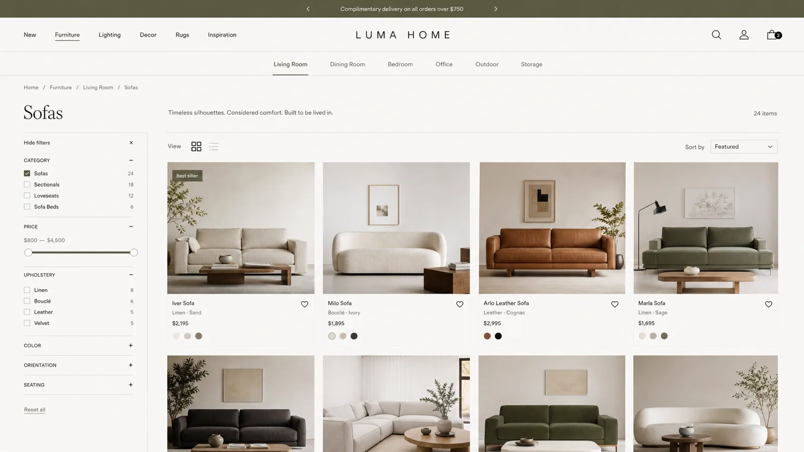 Luma Home 16:9 ürün listeleme ekranı